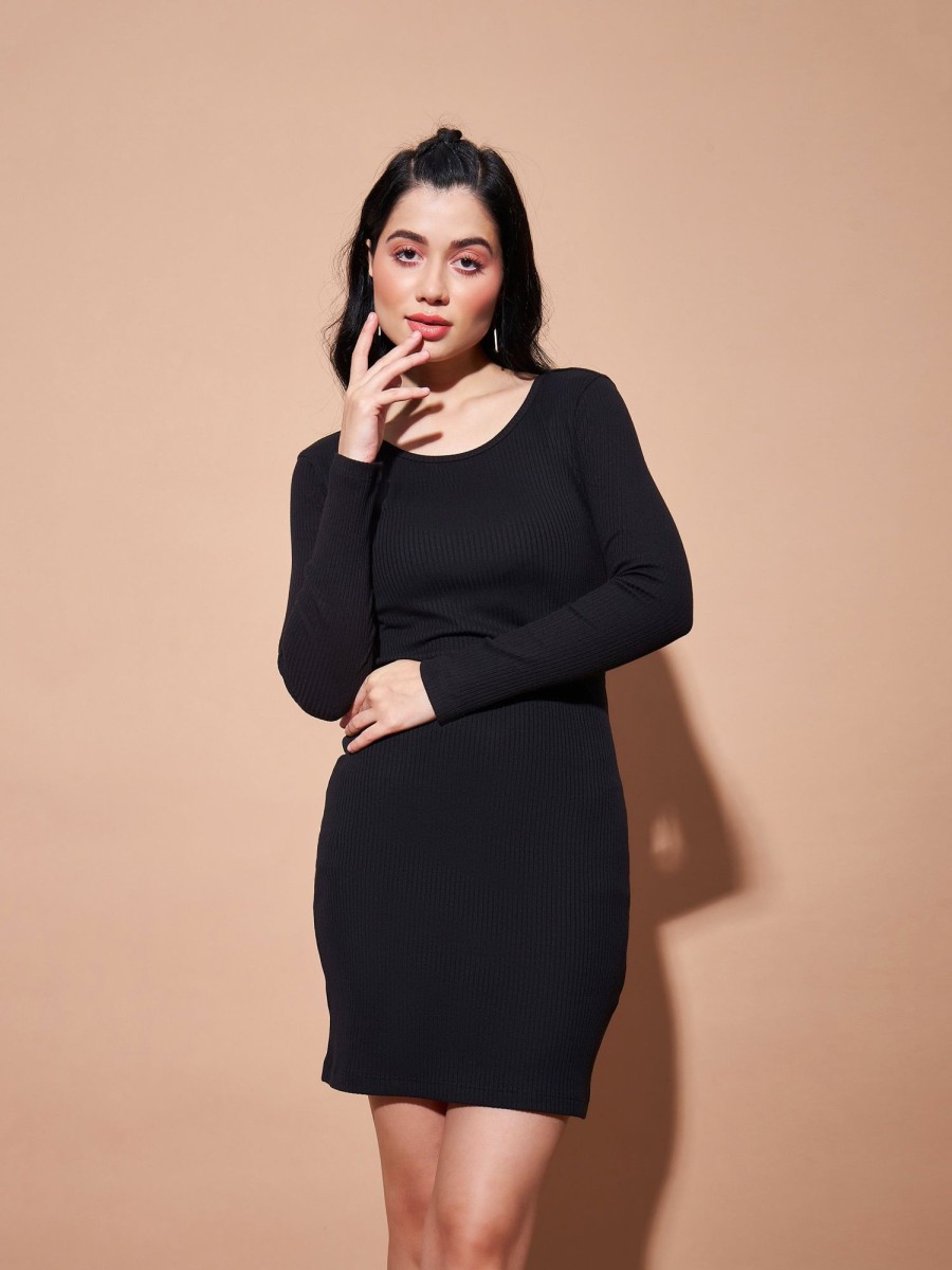 Women Lyush | Women'S Black Basic Bodycon Rib Dress - Lyush