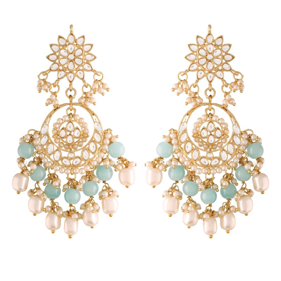 Jewellery I Jewels | Women'S Gold Plated Handcrafted Pearl Kundan Beaded Chandbali Earrings - I Jewels Turquoise