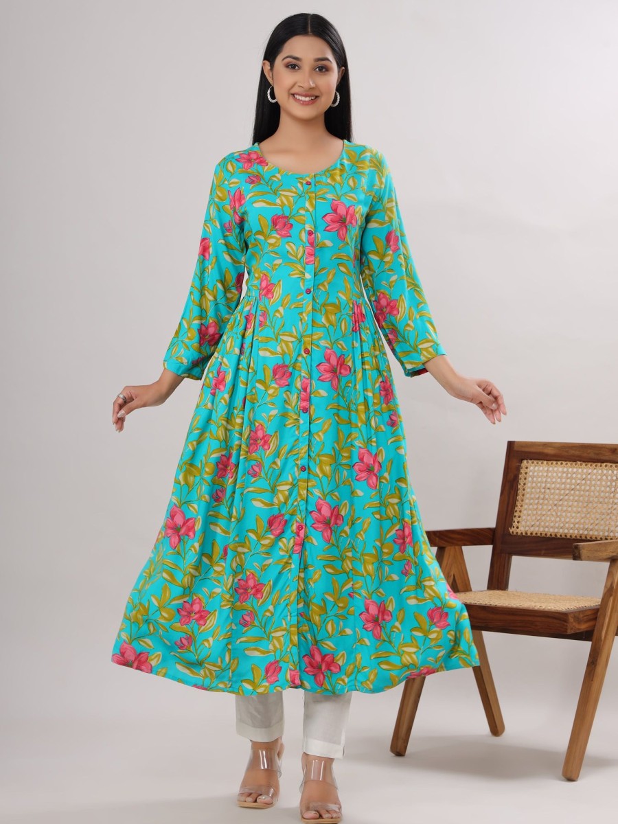 Women VASVI | Women'S Floal Printed Viscose Rayon Flared Ethnic Dress( ) - Vasvi Blue