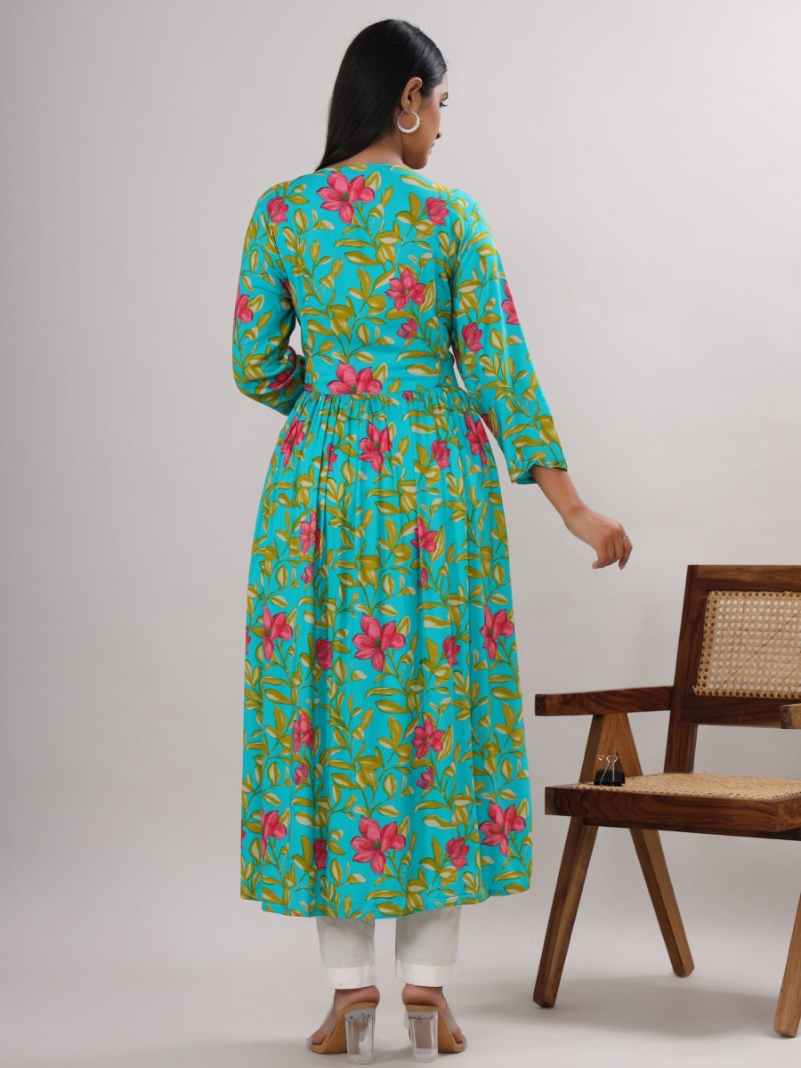 Women VASVI | Women'S Floal Printed Viscose Rayon Flared Ethnic Dress( ) - Vasvi Blue