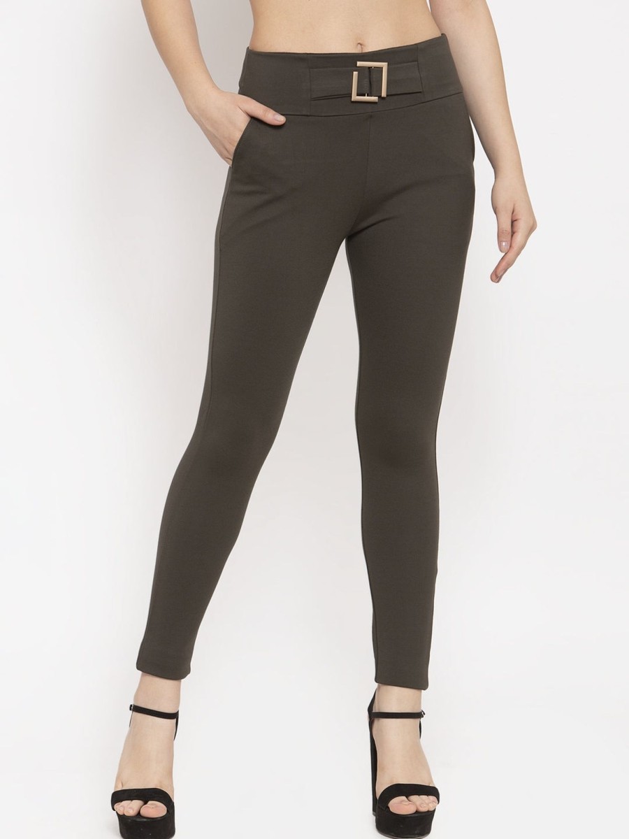 Women Wahe-NOOR | Women'S Olive Solid Jeggings - Creation - Wahe-Noor