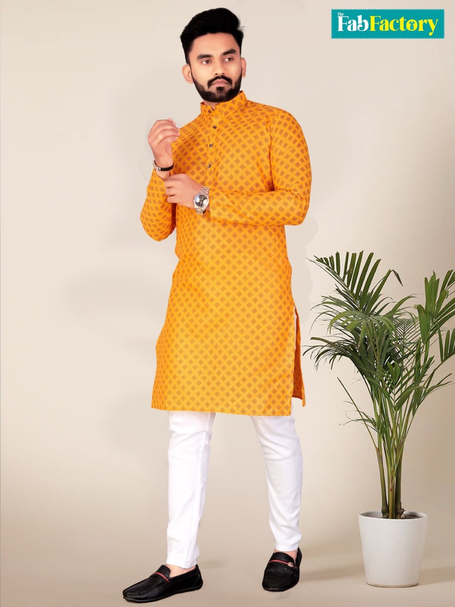 Men The Fab Factory Men | Men'S Cotton Blend Straight Kurtas - The Fab Factory Men Mustard