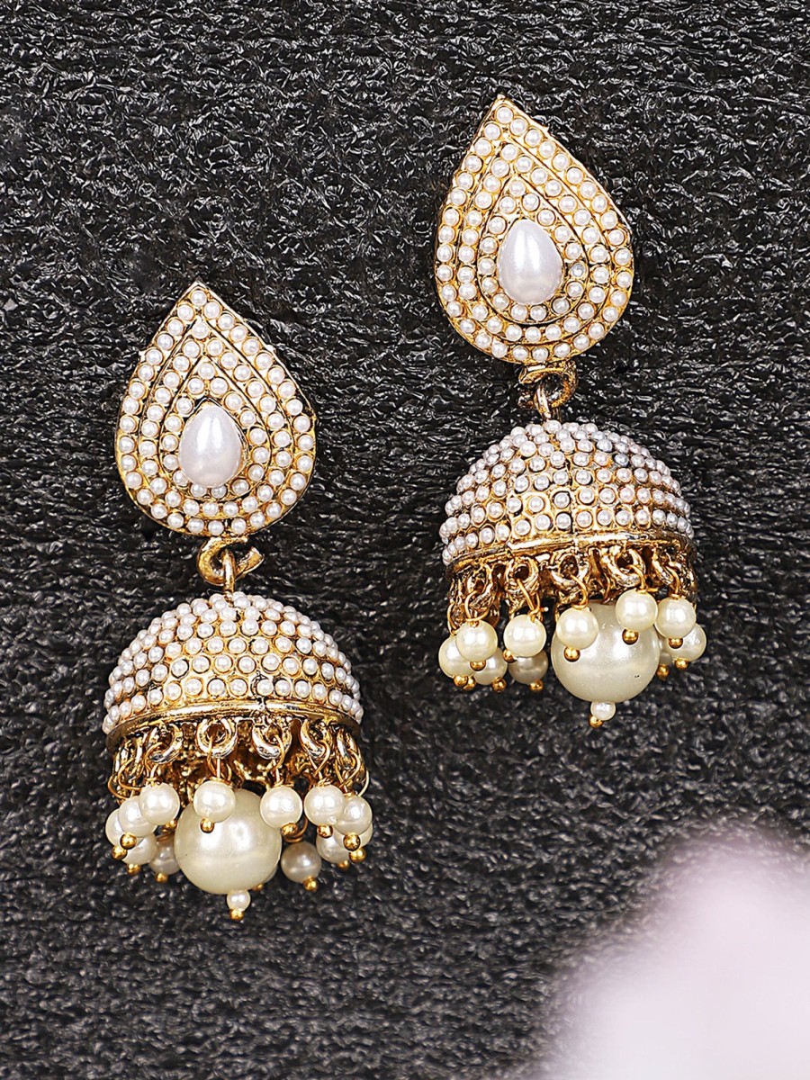 Jewellery Anikas Creation | Women'S Traditional Pearl Off White Brass Tear Drop Shaped Jhumka Earring - Anikas Creation