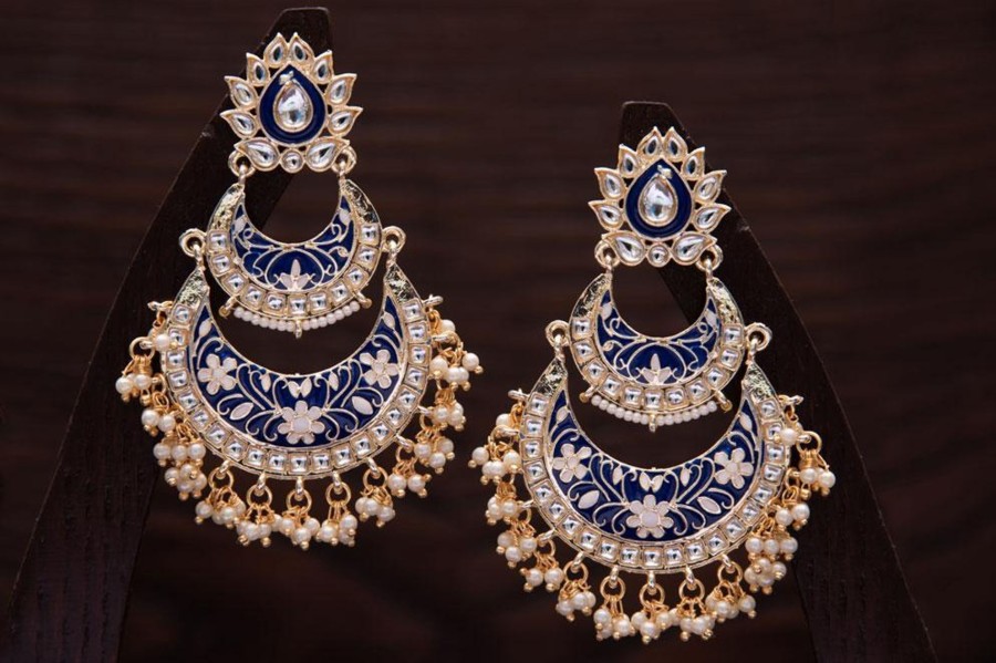 Jewellery I Jewels | Women'S Gold Plated Meenakari Earrings Glided With Kundans U0026 Pearls - I Jewels Blue