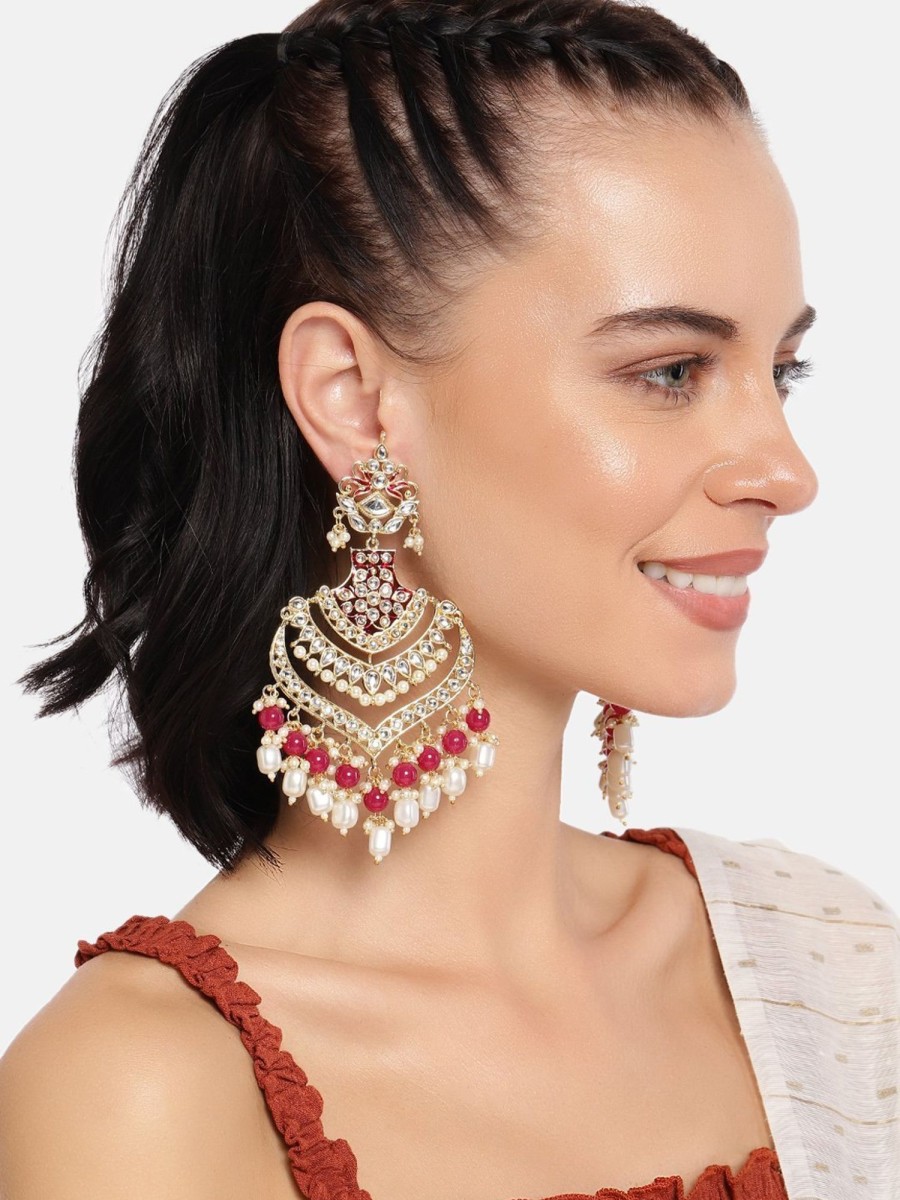 Jewellery I Jewels | Women'S Gold Plated Enamel Glided With Kundans U0026 Pearls Long Earrings - I Jewels Maroon