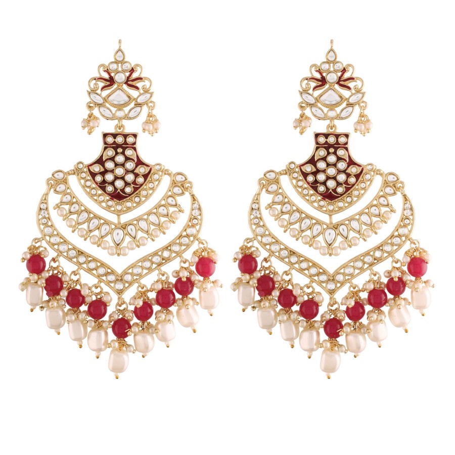 Jewellery I Jewels | Women'S Gold Plated Enamel Glided With Kundans U0026 Pearls Long Earrings - I Jewels Maroon