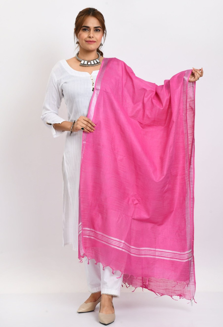 Women Moeza | Women'S Linen Cotton Silver Border Dark Dupatta - Moeza Pink