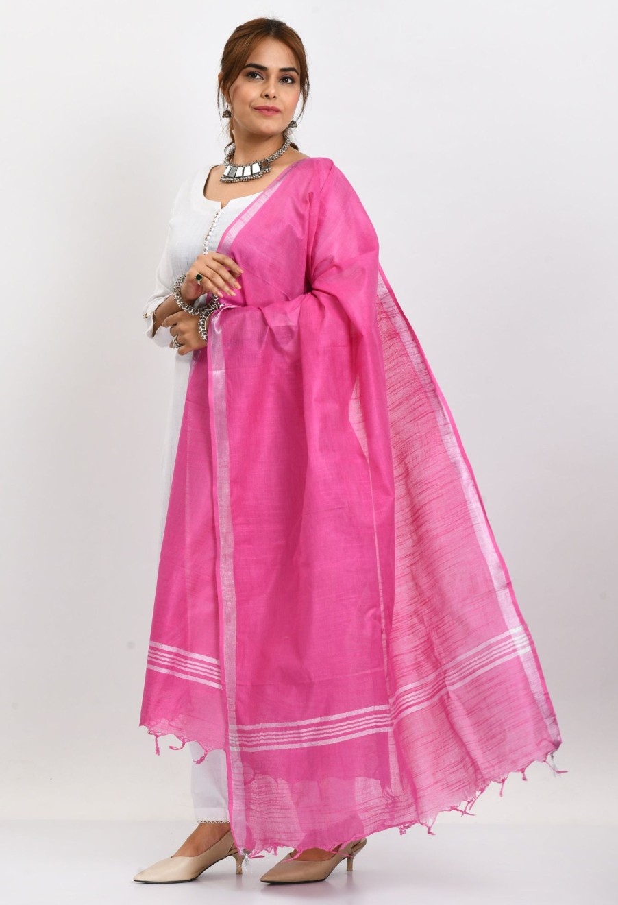 Women Moeza | Women'S Linen Cotton Silver Border Dark Dupatta - Moeza Pink