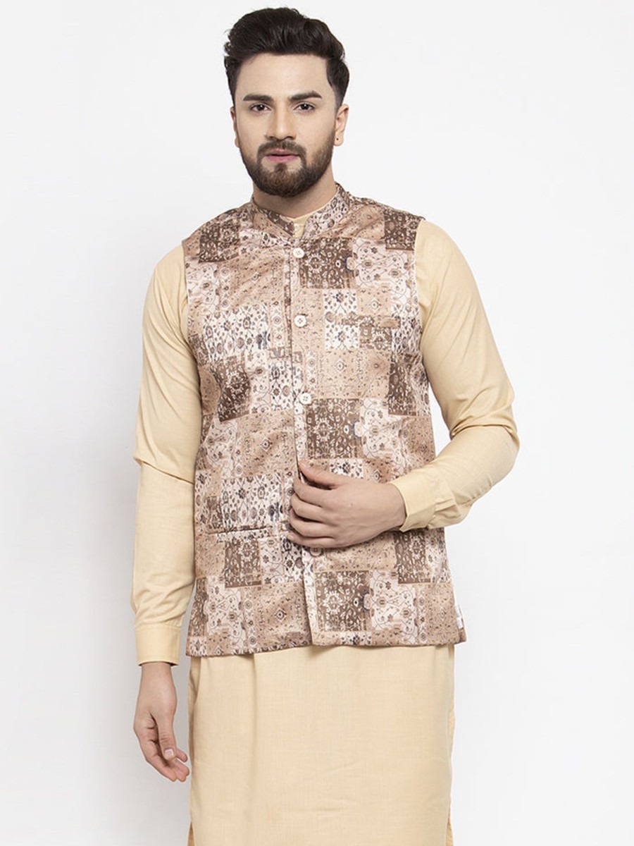 Men Virat Fashions | Men'S Beige Printed Nehru Jacket ( Jowc 4007Beige ) - Virat Fashions