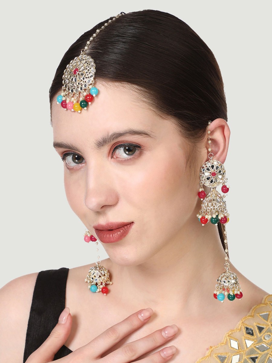 Jewellery Anikas Creation | Women'S Traditional Plated Double Jhumki With Chain Multi Colour Maangtika Earring - Anikas Creation Gold