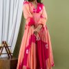 Women Saras The Label USA | Women'S Peach And Pink Tie Dye A-Line Fit And Flare Maxi Dress - Saras The Label Usa Peach-Pink