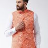 Men Sojanya | Men'S Cotton Blend Dark Peach U0026 Yellow Printed Nehru Jacket - Sojanya