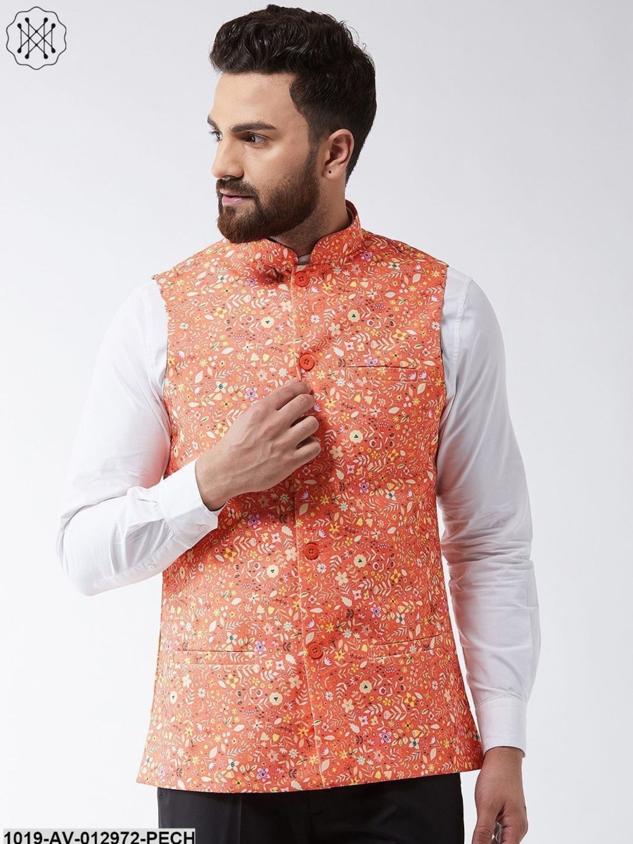 Men Sojanya | Men'S Cotton Blend Dark Peach U0026 Yellow Printed Nehru Jacket - Sojanya