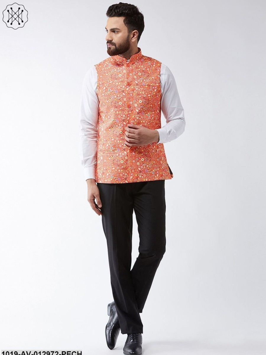 Men Sojanya | Men'S Cotton Blend Dark Peach U0026 Yellow Printed Nehru Jacket - Sojanya