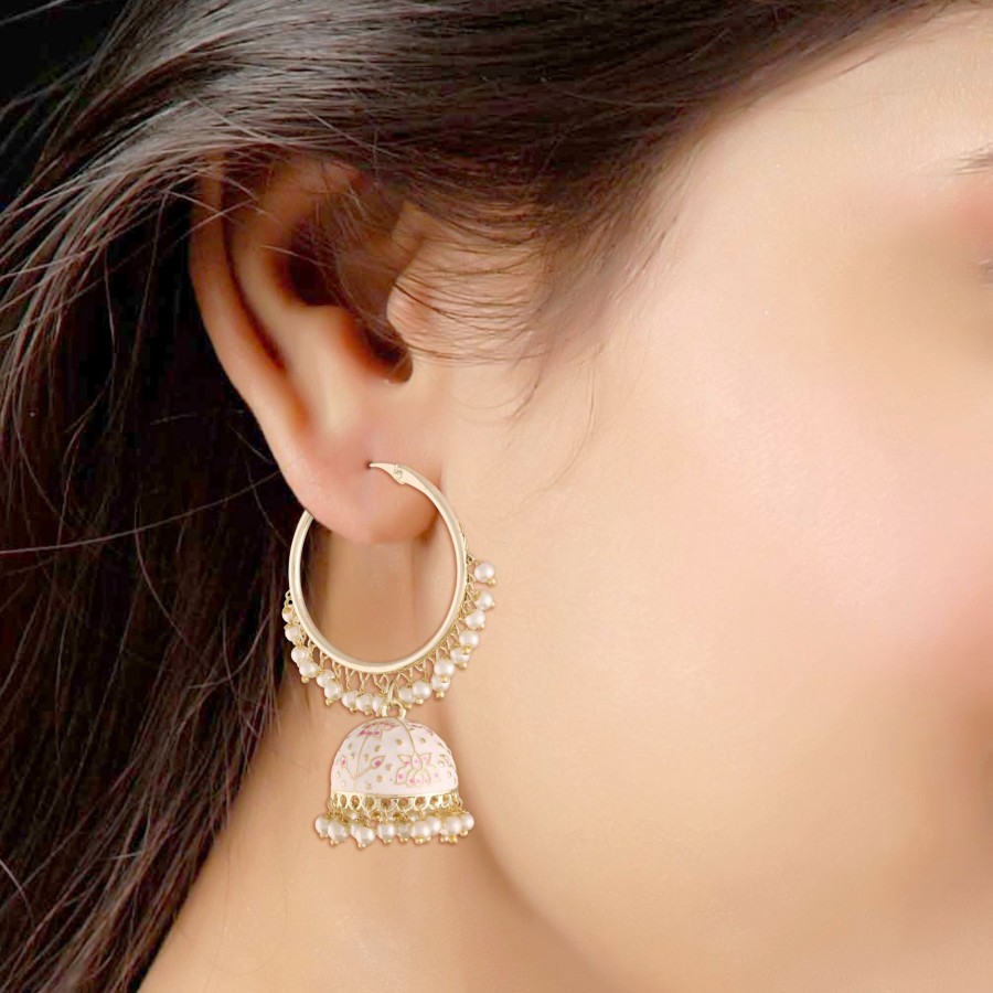 Jewellery I Jewels | Women'S Gold Plated Traditional Handcrafted Enamelled Jhumki Hoop Earrings - I Jewels White