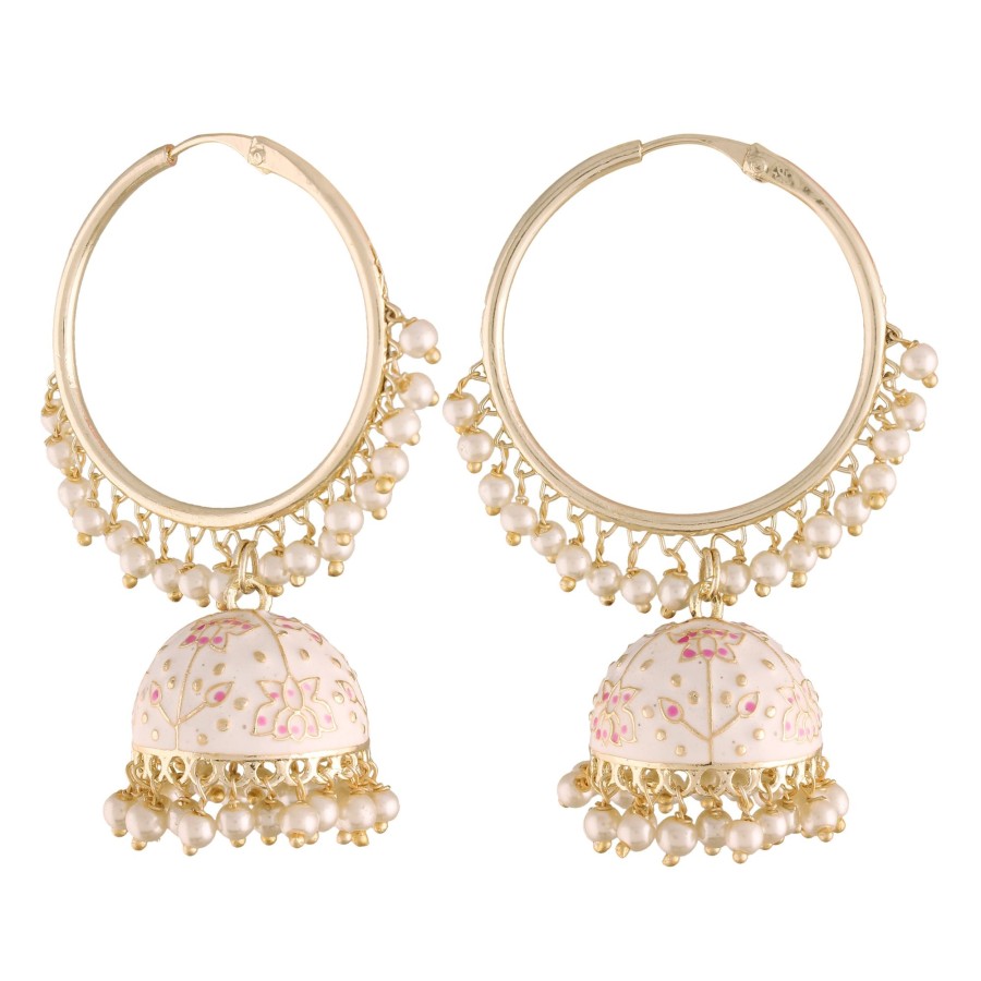 Jewellery I Jewels | Women'S Gold Plated Traditional Handcrafted Enamelled Jhumki Hoop Earrings - I Jewels White