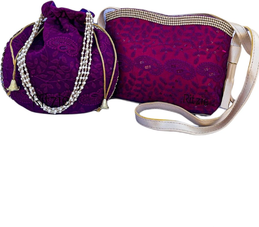 Others Ritzie | Women'S Chickenkari Embroidered Crossbody Belt Sling Bag With Potli Purple - Ritzie