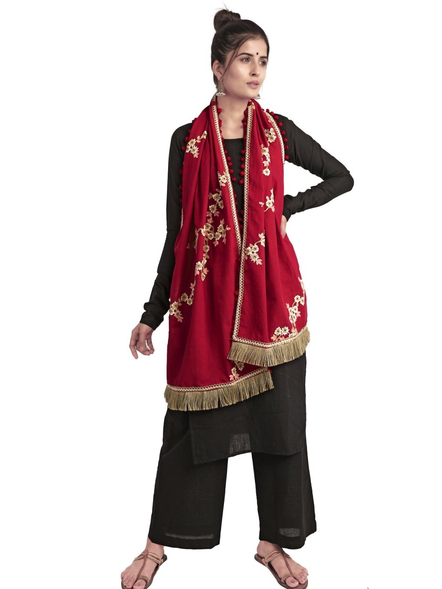 Women MESMORA FASHION | Women'S Pure Khadi Blood Red Embroidered Stole Or Dupatta - Mesmora Fashion