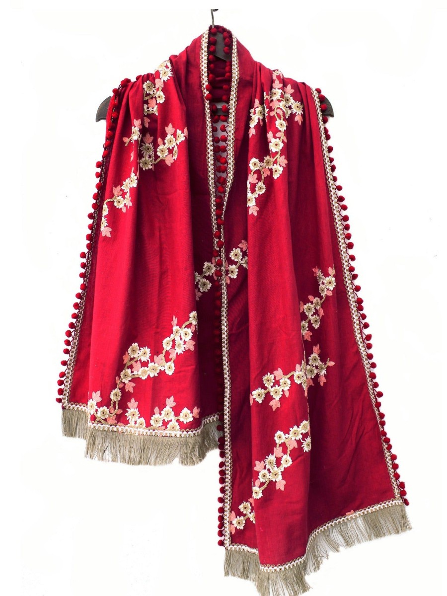 Women MESMORA FASHION | Women'S Pure Khadi Blood Red Embroidered Stole Or Dupatta - Mesmora Fashion