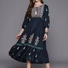 Women Indo Era | Women'S Navy Embroidered A-Line Ethnic Dress - Indo Era Blue