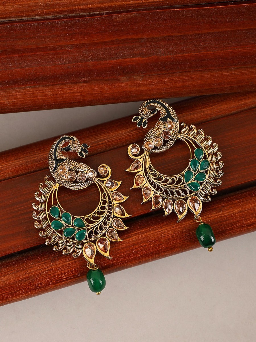 Jewellery Anikas Creation | Women'S Traditional Peacock Shape Stone Studded Cutwork Design Earring - Anikas Creation Green