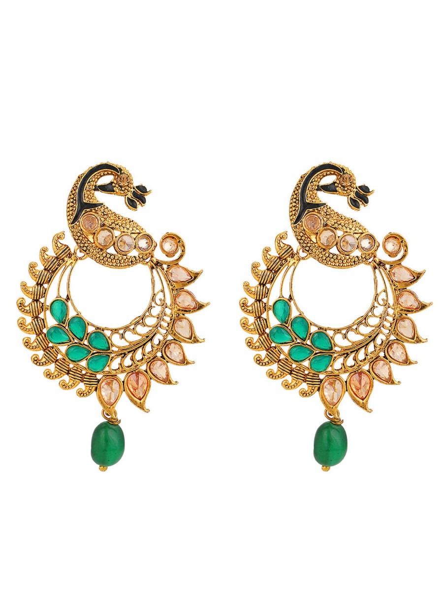 Jewellery Anikas Creation | Women'S Traditional Peacock Shape Stone Studded Cutwork Design Earring - Anikas Creation Green