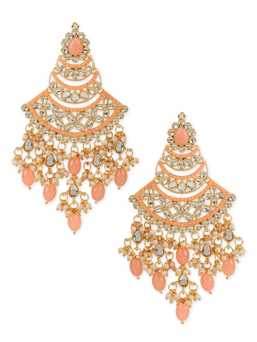 Jewellery I Jewels | Women'S 18K Gold Plated Traditional Handcrafted Pearl Kundan Beaded Chandbali Earrings (E3055Pe) - I Jewels Peach