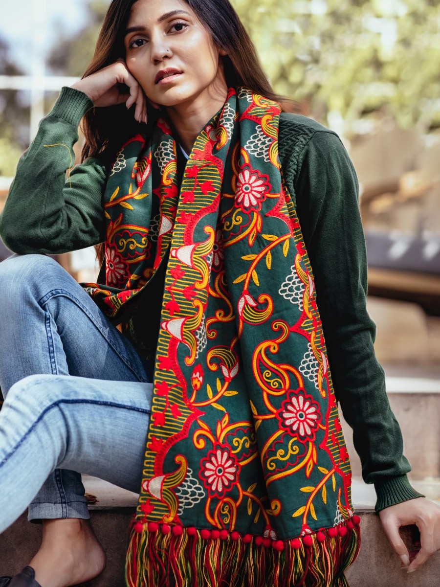 Women MESMORA FASHION | Women'S Deep Green Woollen Heavily Embroidered Khadi Muffler - Mesmora Fashion