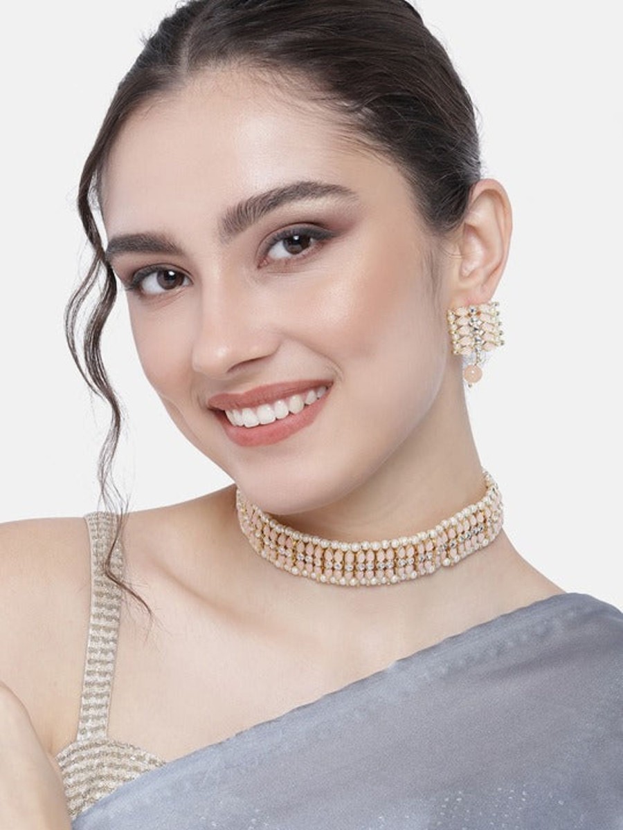 Jewellery I Jewels | Women'S 18K Gold Plated Traditional Pearl U0026 Kundan Studded Choker Necklace Jewellery Set - I Jewels Peach