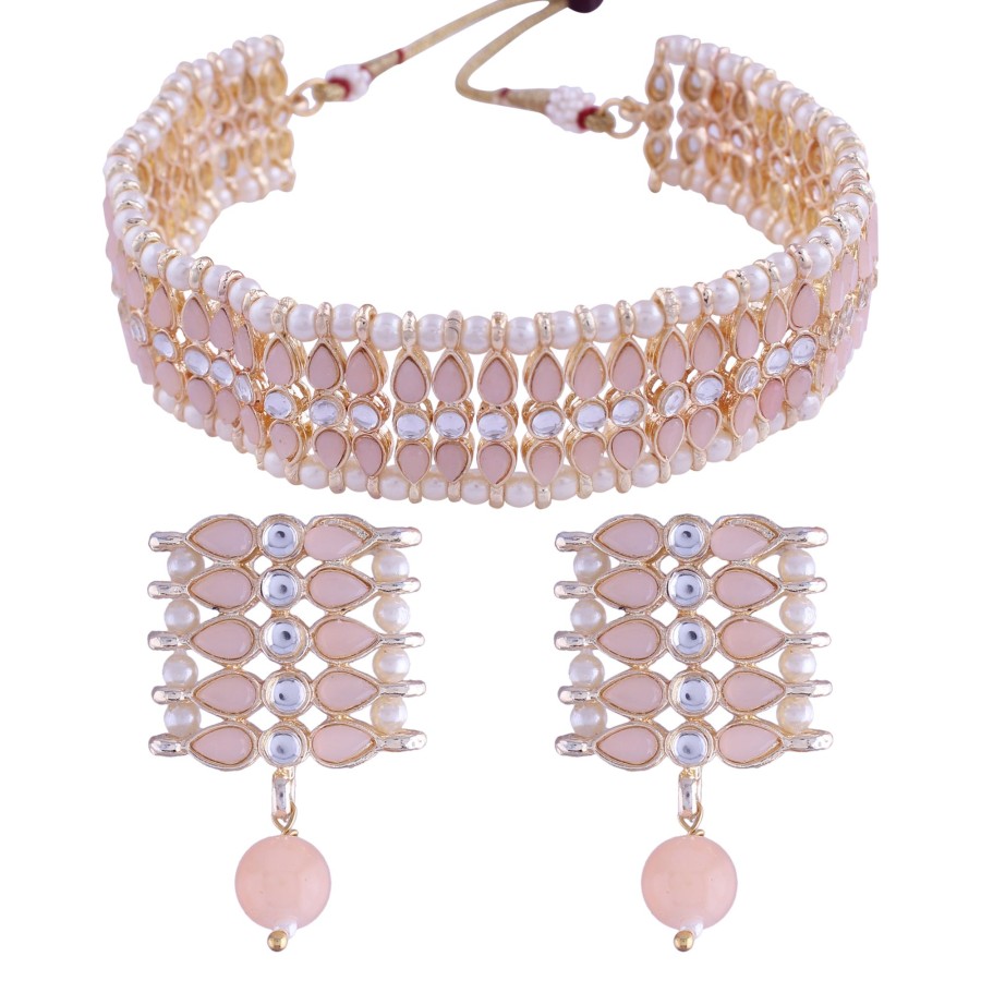 Jewellery I Jewels | Women'S 18K Gold Plated Traditional Pearl U0026 Kundan Studded Choker Necklace Jewellery Set - I Jewels Peach