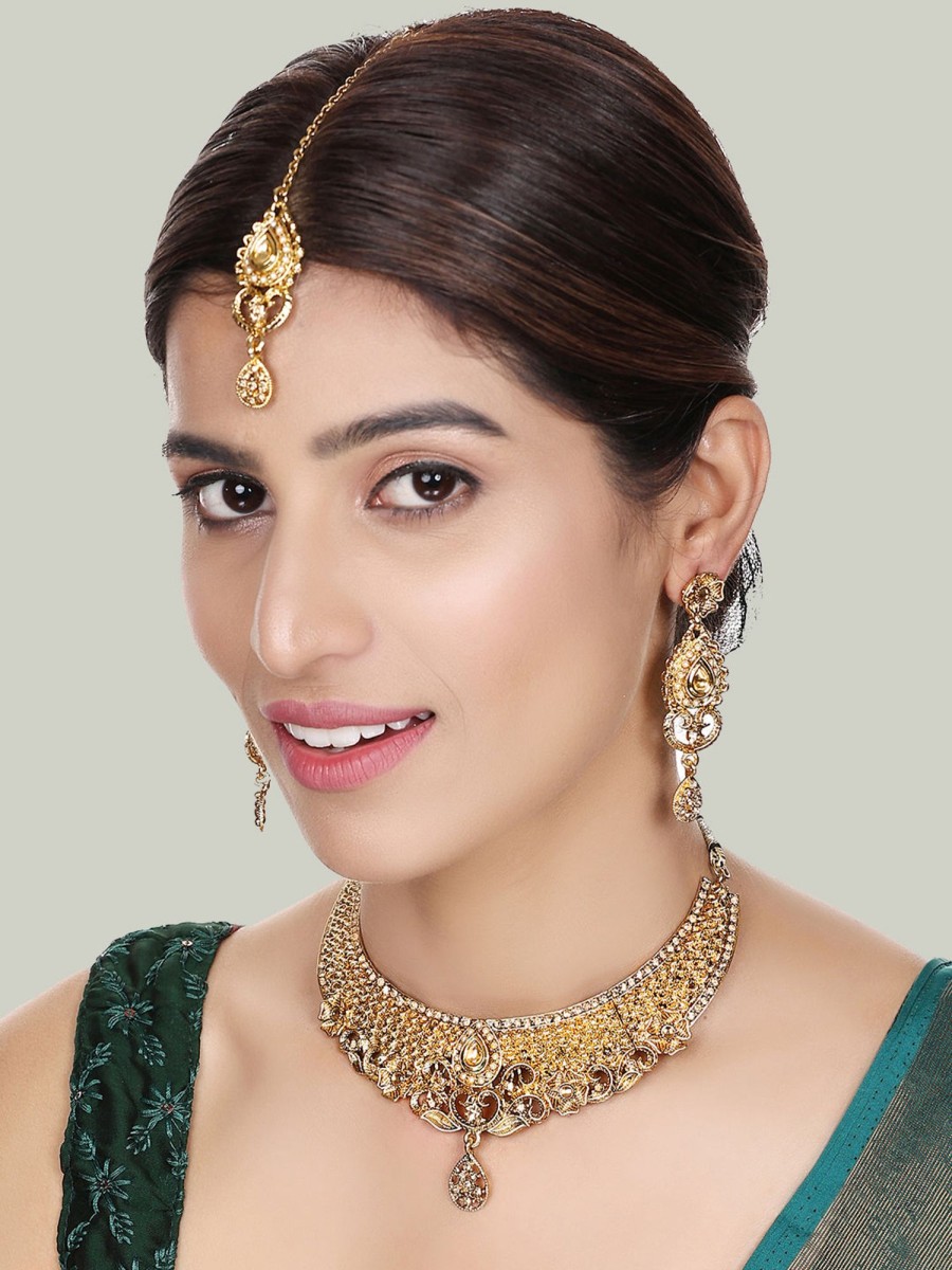 Jewellery Anikas Creation | Designer Gold Plated Traditional Matte Finish Necklace With Earring Maangtika - Anikas Creation Multicolor