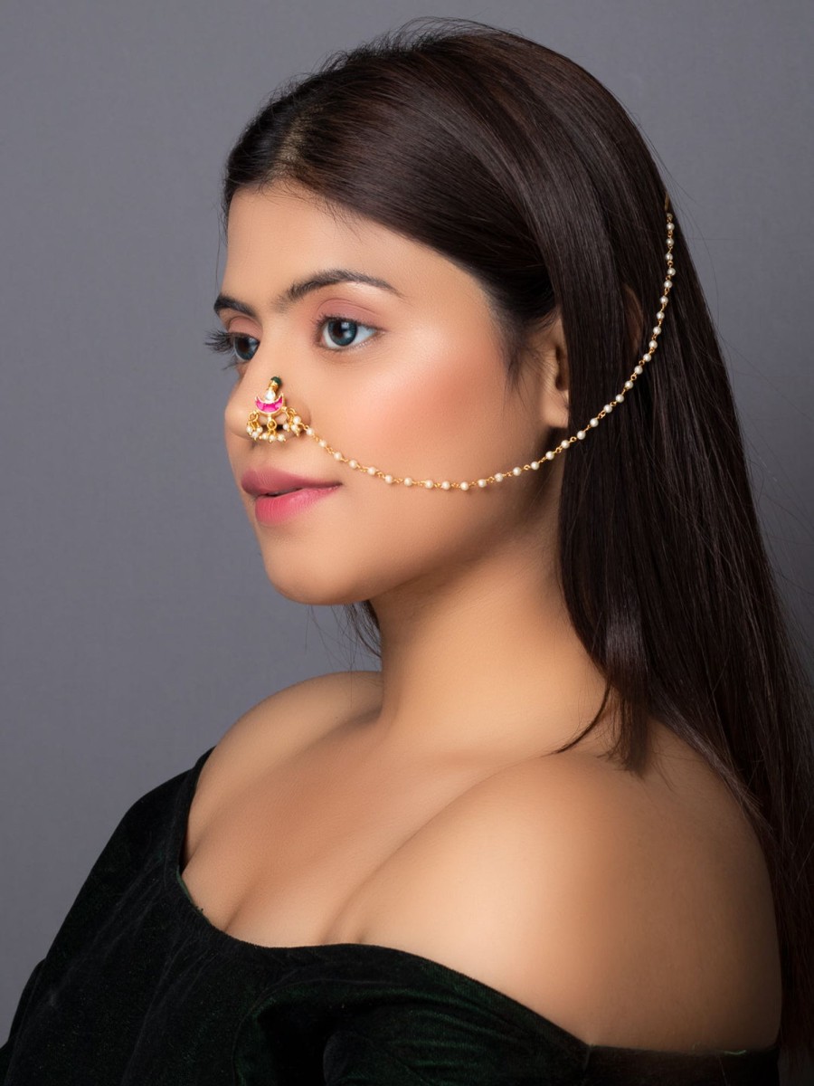 Jewellery Morkanth | Women'S Gold-Plated Off-White U0026 Pink Pachi Kundan-Studded U0026 Beaded Chained Nose Ring - Morkanth