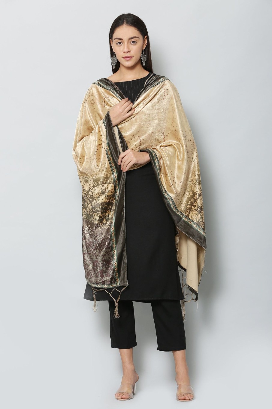 Women VAABA | Women'S Black U0026 Beige Color Polyster Velvet Digital Printed Dupatta - Vaaba