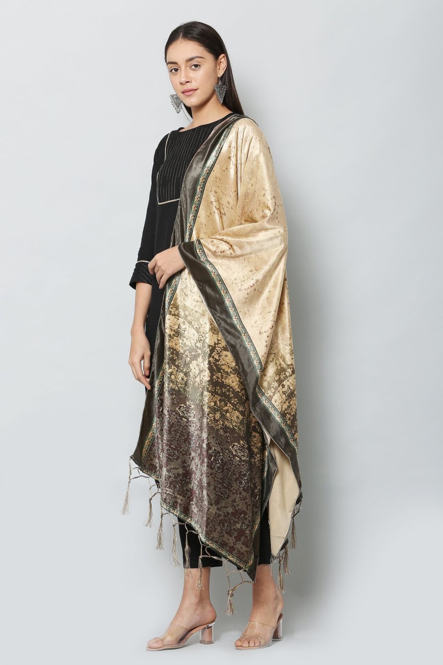 Women VAABA | Women'S Black U0026 Beige Color Polyster Velvet Digital Printed Dupatta - Vaaba