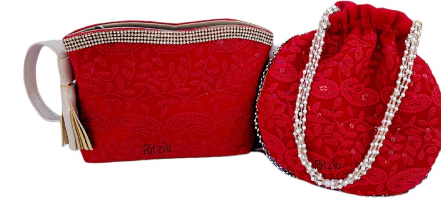 Others Ritzie | Women'S Chickenkari Embroidered Crossbody Belt Sling Bag With Potli Red - Ritzie