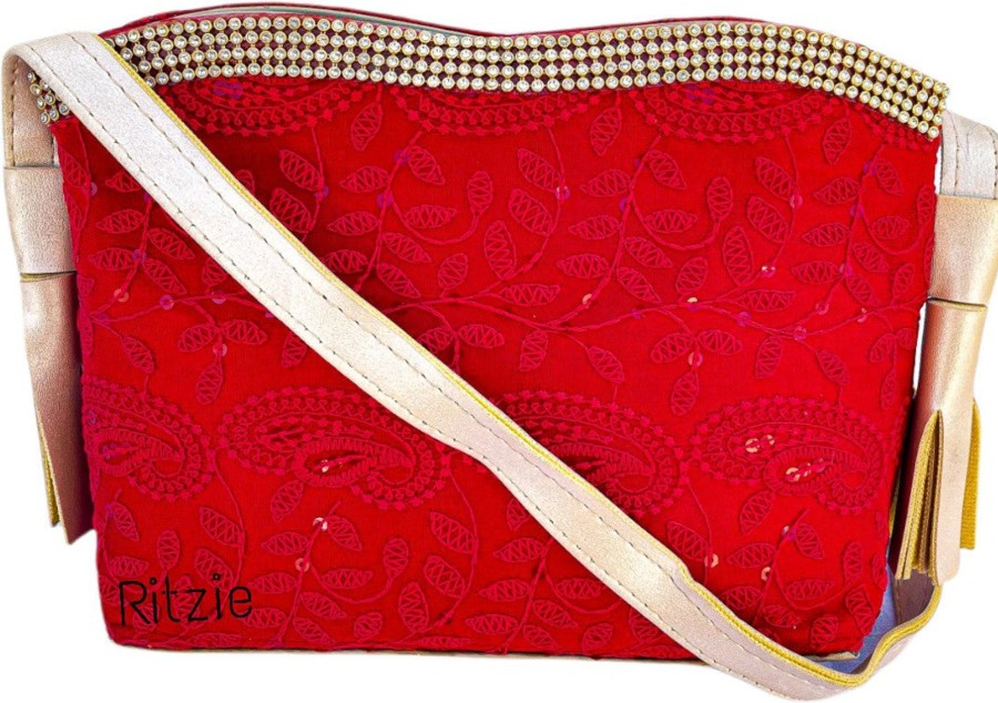 Others Ritzie | Women'S Chickenkari Embroidered Crossbody Belt Sling Bag With Potli Red - Ritzie