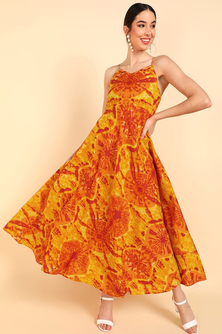 Women Ahika | Women'S Cotton Tie And Dye Printed Dress - Ahika Orange