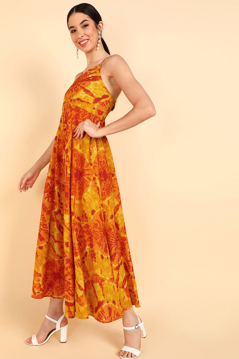 Women Ahika | Women'S Cotton Tie And Dye Printed Dress - Ahika Orange