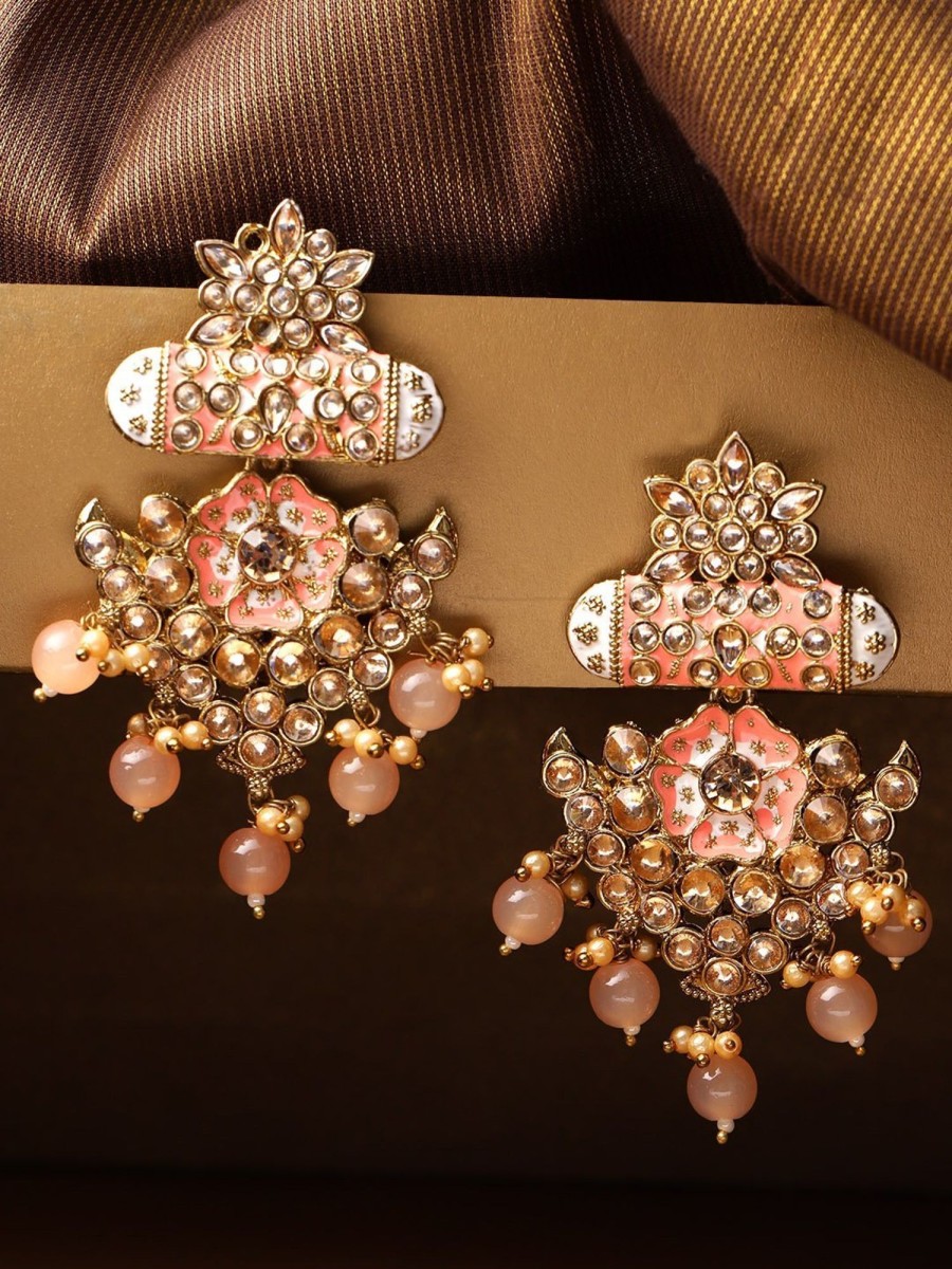 Jewellery Priyaasi | Women'S Gold-Plated Stone Studded Meenakari Earrings With Beads Drop In Peach Color - Priyaasi