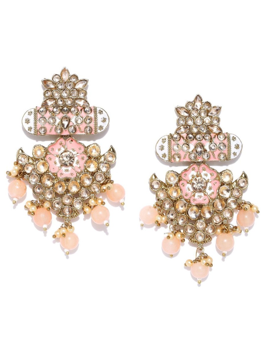 Jewellery Priyaasi | Women'S Gold-Plated Stone Studded Meenakari Earrings With Beads Drop In Peach Color - Priyaasi