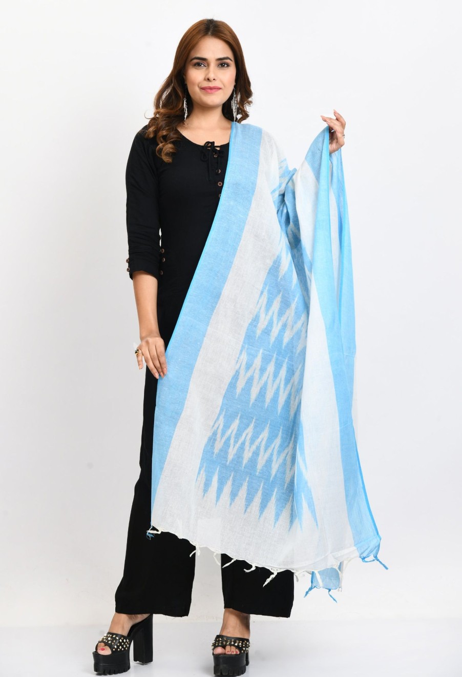 Women Moeza | Women'S Handloom Cotton Ikkat Sky Dupatta - Moeza Blue