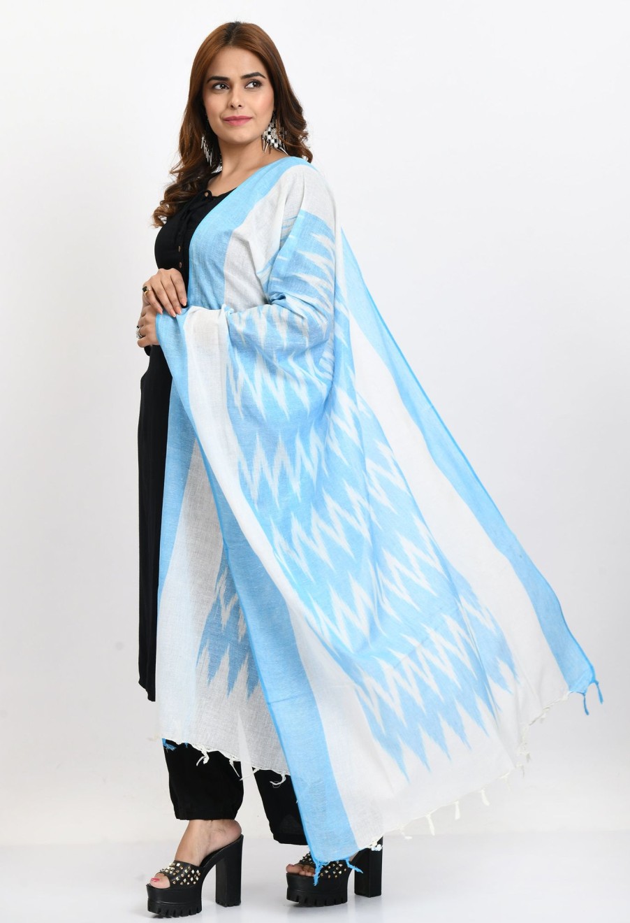 Women Moeza | Women'S Handloom Cotton Ikkat Sky Dupatta - Moeza Blue