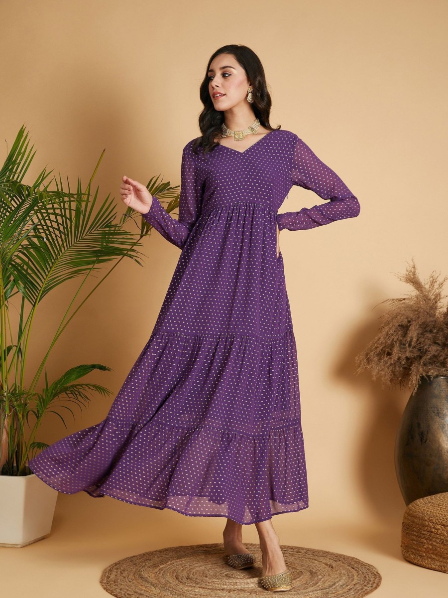 Women Lyush | Women'S Purple Dot Foil Print Tiered Maxi Dress - Lyush