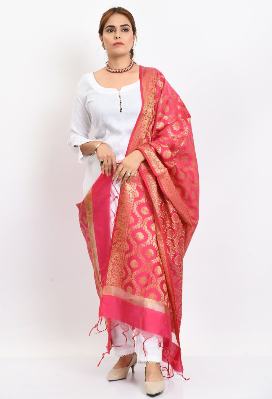 Women Moeza | Women'S Banarsi Silk All Over Woven Design Dupatta - Moeza Pink