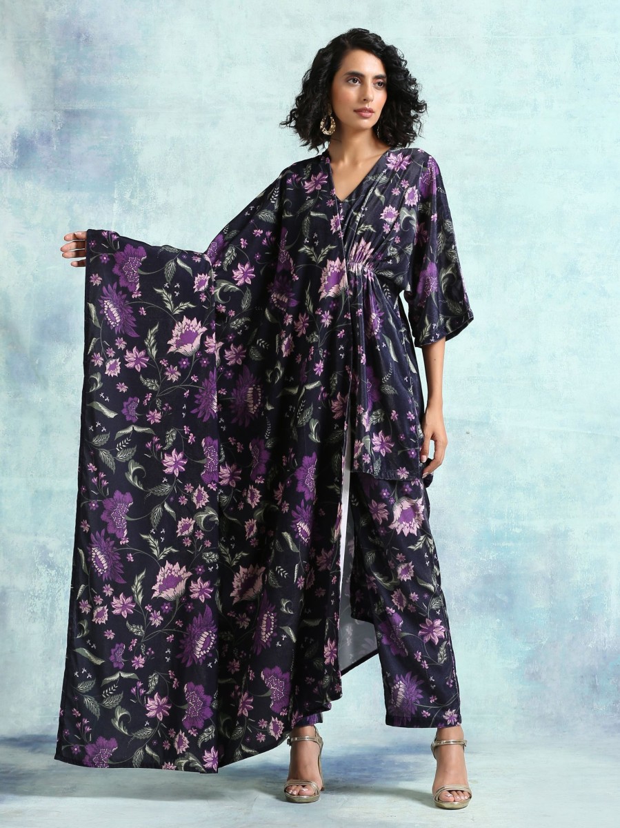 Women TrueBrowns | Women'S Printed Velvet Shawl - Truebrowns Black