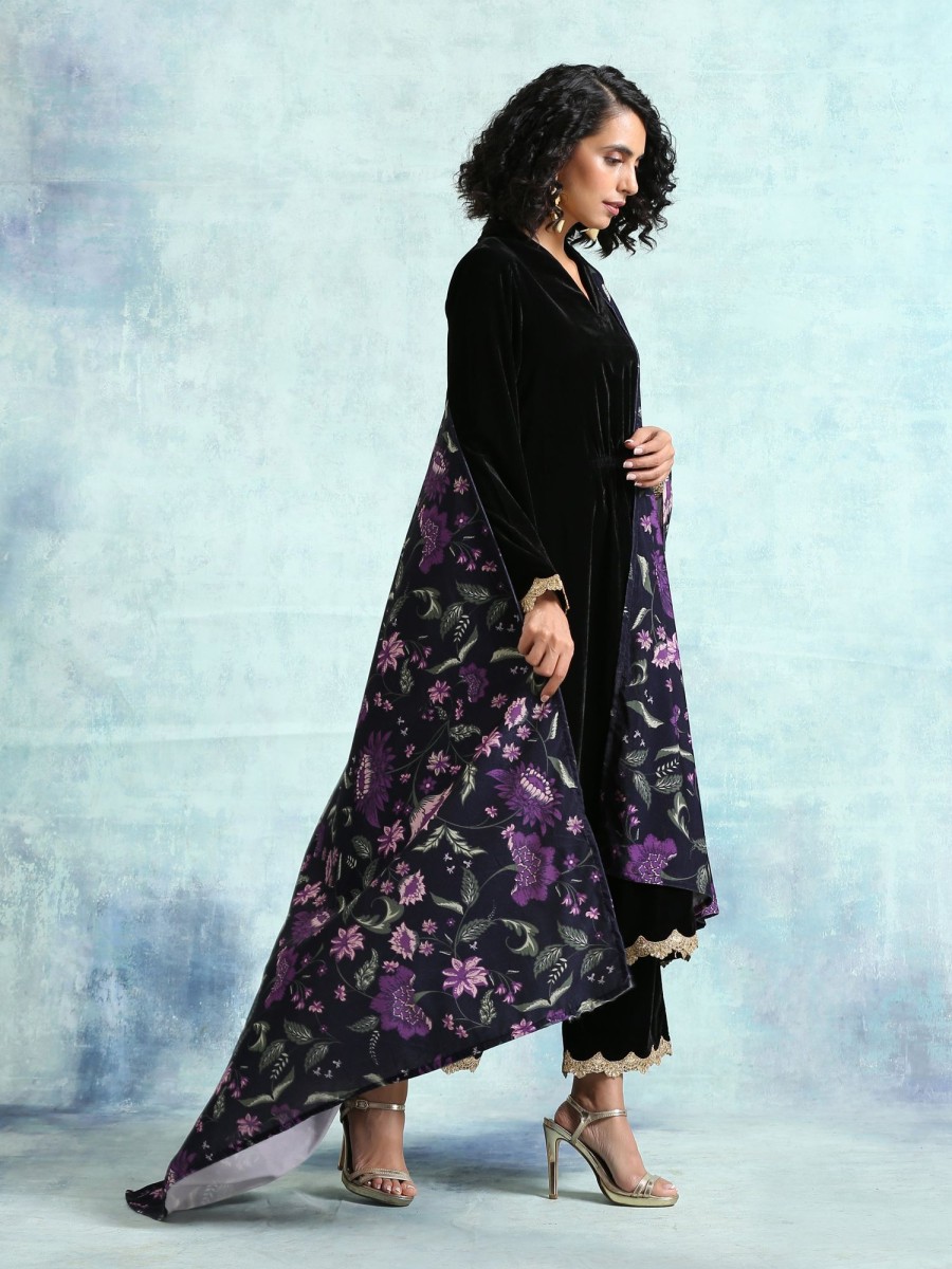 Women TrueBrowns | Women'S Printed Velvet Shawl - Truebrowns Black