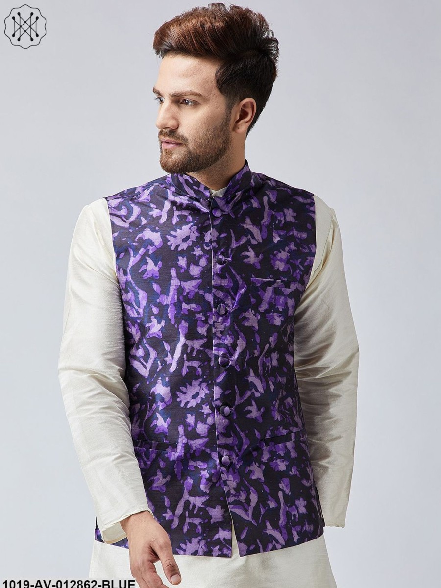 Men Sojanya | Men'S Navy Blue Printed Nehru Jacket - Sojanya