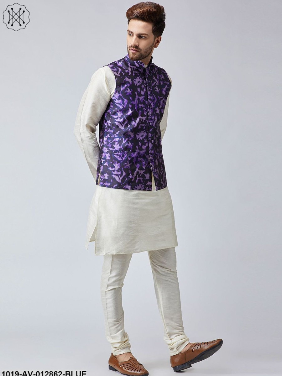 Men Sojanya | Men'S Navy Blue Printed Nehru Jacket - Sojanya