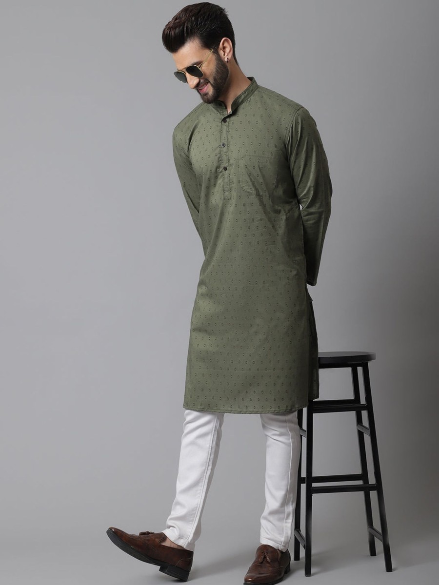 Men Even Apparels | Men'S Pure Cotton Kurta With Band Collar - Even Apparels Green