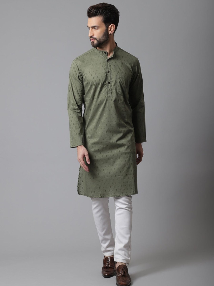 Men Even Apparels | Men'S Pure Cotton Kurta With Band Collar - Even Apparels Green